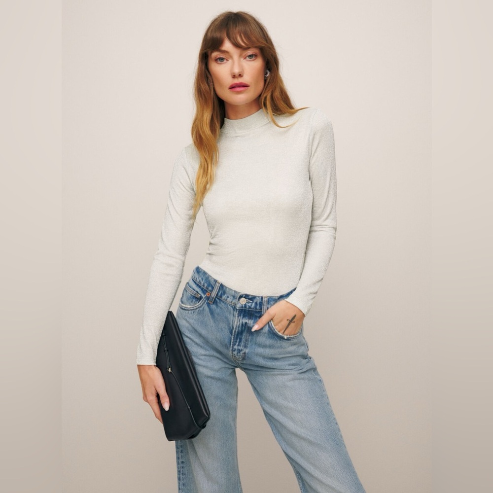 Reformation Bailey Knit Top in Silver Sparkle